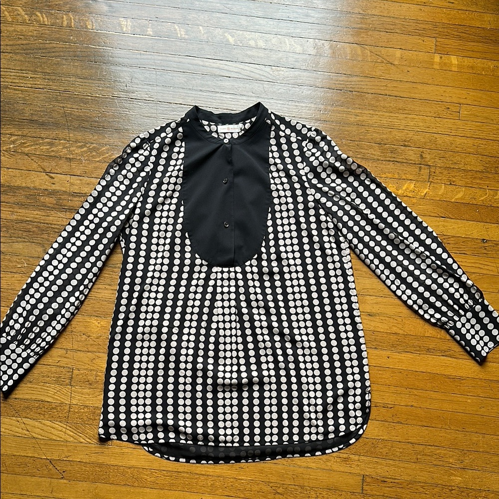 Tory Burch Black and Mauve Polka Dot Tunic Blouse- Size 8